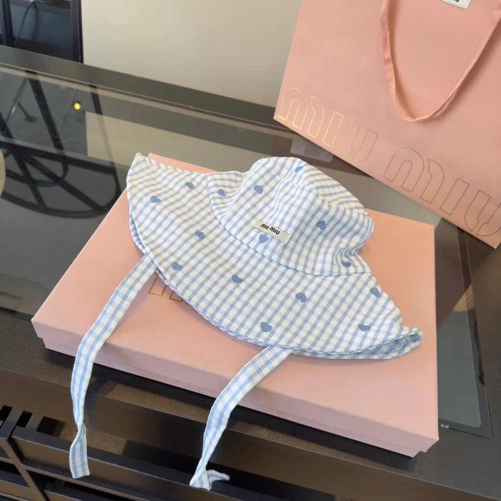 Miu Miu Blue White Gingham Heart Embroidery Bucket Hat